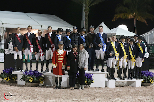  The top three teams in their presentation with ringmaster Gustavo Murcia, Carlene Ziegler of Artisan Farms, and Haity McNerney. © Sportfot