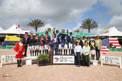 Top three Children's teams of USA, Brazil and Argentina with Equiline's Charly Miller and Kelly Molinari. © Sportfot