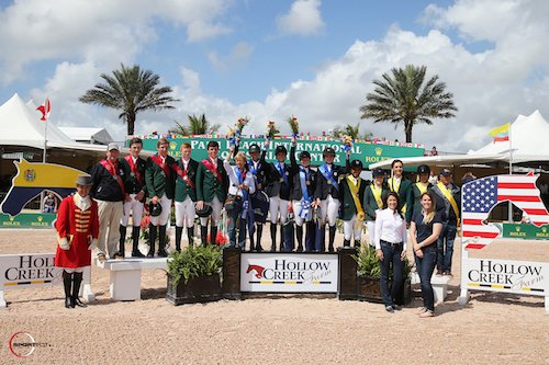 Top three Junior teams - USA, Ireland and Brazil with Equiline's Charly Miller and Kelly Molinari. © Sportfot