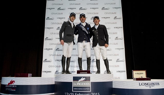 Am Podium der Longines Speed Challenge: Scott Brash, Julien Epaillard und Gerco Schröder. © LHKM