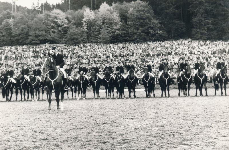 HSM Fritz Schrade an der Tête der großen Quadrille bei den Hengstparaden im Haupt- und Landgestüt Marbach. © Archiv Marbach