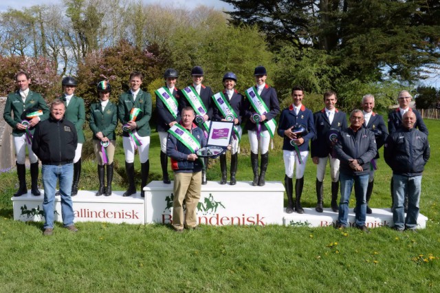 The winning British team (centre), flanked by second-placed Ireland (left) and third-placed France, at Ballindenisk (IRL), second leg of the FEI Nations Cup™ Eventing 2015. © Tony Parkes/FEI