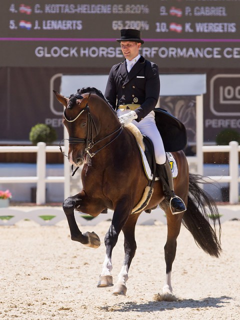 For Matthias Bouten (GER) and Ehrengold MJ it was second place in the CDI3* Grand Prix de Dressage today. © Michael Rzepa