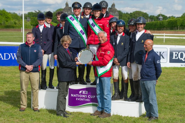 Nations Cup Presentation: Left to right: Philip Searle, Georgie Strang,Sarah Bulimore,Francis Whittington, Pippa Funnell, Andreas Ostholt, Niklas Bschorer,Sandra Auffarth, Dirk Schrade,Alexis Gomez,Camille Lejune, Regis Prud'hon, Luc Chateau, and Jean-Pierre Blanco With Annabel Scrimgeour presenting the trophy to Hans Melzer german Chef d'equippe