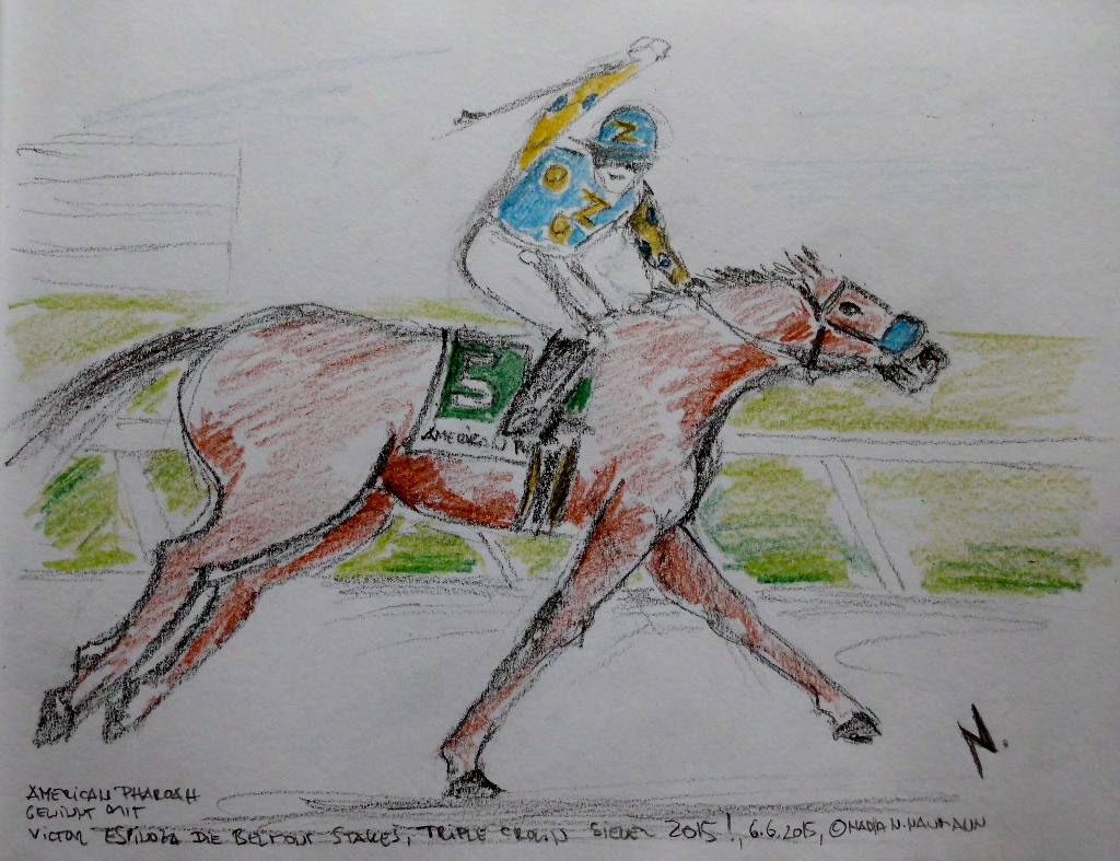 American Pharaoh gewinnt die 147. Belmont Stakes und ist damit 12. Triple Crown Sieger. Skizze © Nadja Naumann