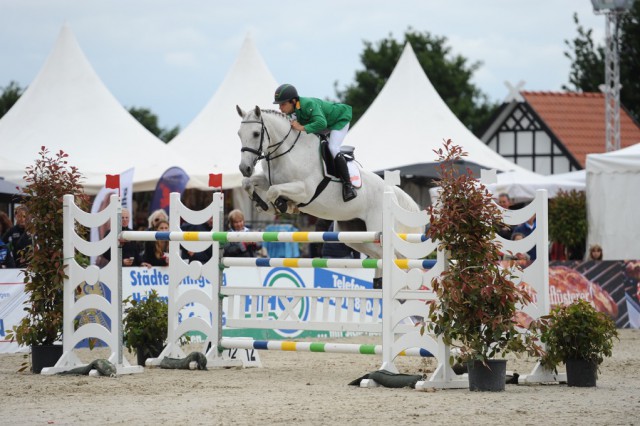 Jung und erfolgreich! Alpenspanteamreiter Leo Platzer mit dem 14-jährigen Schimmelhengst Bario van t Martendonkerf. © Fotodesign Marc große Feldhaus