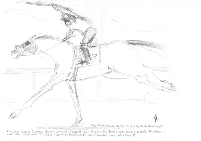 Amateur Robin Weber gewinnt mit Genax das siebente Rennen. © Skizze von Nadja N. Naumann