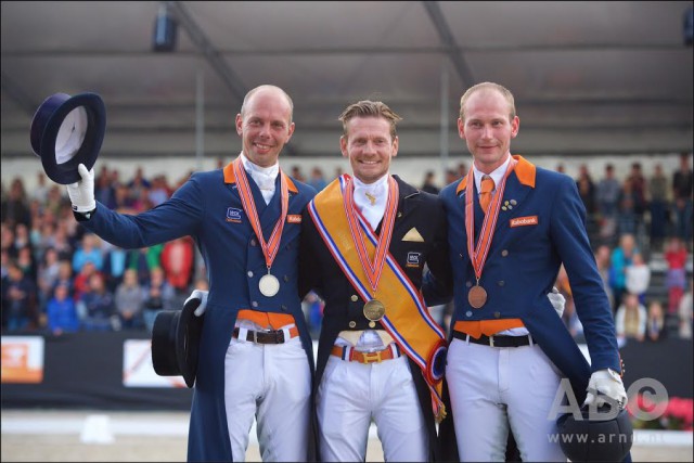 Die strahlenden Medaillengewinner in Ermelo: GLOCK Rider Hans Peter Minderhoud, GLOCK Rider Edward Gal und Diederik van Silfhout. © Arnd Bronkhorst - www.arnd.nl