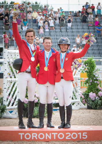 On the podium for the individual Jumping medal presentation at the Pan-American Games 2015 in Caledon Park, Toronto, Canada this evening: (L to R) silver medallist Andres Rodriguez (VEN), gold medallist McLain Ward (USA) and bronze medallist Lauren Hough (USA). © FEI/StockImageServices.com