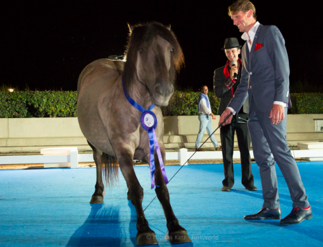 Kevin Staut with entertainer Pierre Fleury and his Icelandic pony © Laura Saldou Masik/JustWorld
