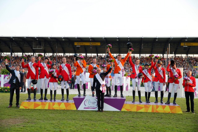 Aachen - FEI European Championships 2015 The Podium of Team Competition - 1st Nederland - 2nd Germany - 3rd Swiss Aachen,21st August 2015 ph.Stefano Grasso