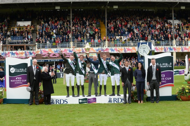 Podium Presentation Dublin Left toRight, President of the Royal Dublin Society Mr Mathew Dempsey, The President of Ireland His excellency Michael D Higgins, Team memebers , Greg Broderick,Darragh Kenny, Chef d'equipe Robert Splaine, Bertram Allen and Cian O'Connor. Mr Yazeed Suleiman D. Alderaiwesh.,Saudi Embassy Dublin Ms Kratina JonesLongines brand manager Uk and Ireland,and Mr Brian Mangan Bureau member FEI. Pic Tony Parkes
