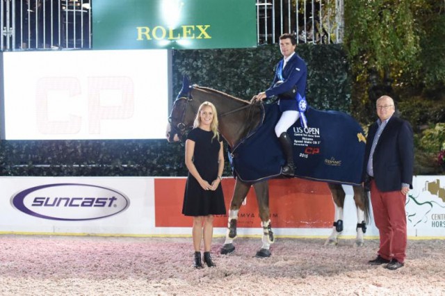 Conor Swail and Simba De La Roque in their winning presentation with Vaneli Bojkova and Michael Stone of Equestrian Sport Productions. © Josh Walker for The Chronicle of the Horse