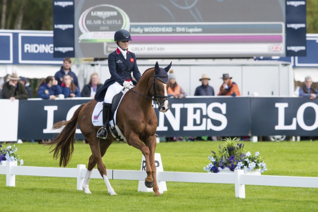 Holly Woodhead (GBR) and DHI Lupison perform an outstanding test to take the lead with 31.7 penalties after the first day of Dressage at the Longines FEI European Eventing Championships at Blair Castle in Scotland (GBR). © Jon Stroud/FEI