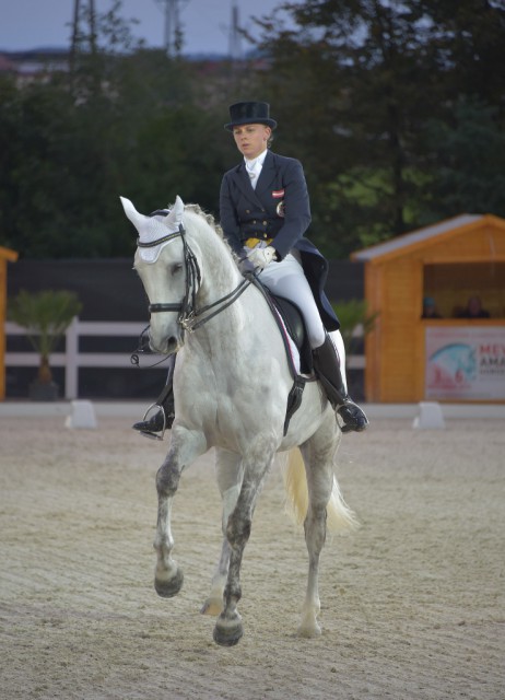 Im Flutlicht von Lamprechtshausen war Stefanie Palm (T) beste Österreicherin. Der Royal Diamond-Sohn Royal Happiness platziert sich in seiner ersten Saison in der Großen Tour erneut: Rang sieben mit 66.569%. © Fotoagentur Dill