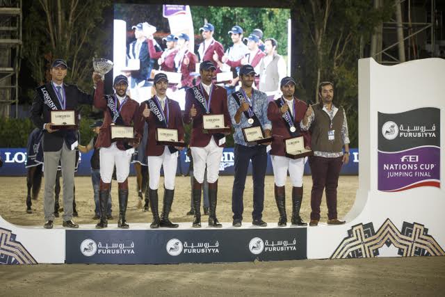Team Qatar, winners of tonight’s Longines Challenge Cup at the Furusiyya FEI Nations Cup™ Jumping Final 2015 in Barcelona, Spain: (L to R) Chef d’Equipe Willem Meeus, Ali Yousef Al Rumaihi, Khalid Mohammedd Al Emadi, Sheikh Ali Bin Khalid Al Thani, Hamad All Mohamed Al Attiyah and Bassem Hassan Mohammed. © FEI/Dirk Caremans