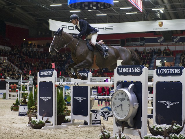 Switzerland’s Romain Duguet and Quorida de Treho galloped to victory at the second leg of the Longines FEI World Cup™ Jumping 2015/2016 Western European League in Helsinki, Finland today. © FEI/Satu Pirinen