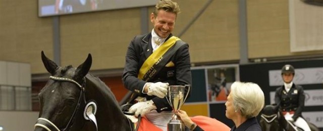 Edward Gal from the Netherlands on Glock’s Voice rode to victory in Reem Acra FEI World Cup at Odense Horse Show sponsored by ECCO in front of two young Danish women Anna Kasprzak and Agnete Kirk Thinggaard in a fantastic atmosphere. © JBK Horseshows