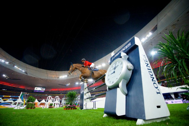 Penelope Leprevost, at the Longines Equestrian Beijing Masters in 2014. This year the floodlit jumping class on Saturday evening will be staged as a team competition. © Longines Equestrian Beijing Masters/Arnd Bronkhorst