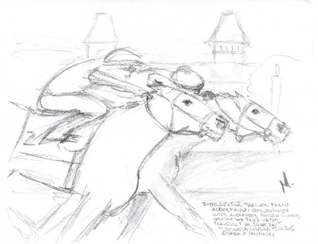 Doppelsieg für Trainer Marco Angermann, Sternzeichen mit Alexander Pietsch (innen) gewinnt vor Fritz unter Francisco Da Silva das siebente Rennen in Leipzig am 2015 © Nadja N. Naumann