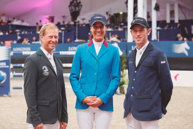 Rolf-Göran Bengtsson, Luciana Diniz and Scott Brash fight for the last points this season in Doha. © Stefano Grasso / LGCT