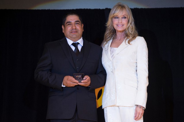 Best Groom - Jose Eduardo (Eddie) and Hollywood actress and Chair of the Jury for the FEI Awards 2015,Bo Derek. © FEI/Richard Juilliart