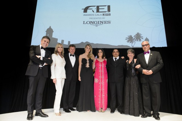 FEI Awards 2015 winners from left to right: Longines' Vice President and Head of International Marketing Juan-Carlos Capelli, Hollywood actress Bo Derek, Reem Acra Best Athlete Boyd Exell (AUS), Longines Rising Star Jessica Mendoza (GBR), Against All Odds Oriana Ricca Marmissolle (URU), Best Groom Jose Eduardo (Eddie) Garcia Luna (USA), FEI Solidarity Anne-Rose Schoen Les Chevaux qui pansent les plaies (Horses that heal wounds) (HAI) and FEI President Ingmar de Vos. © FEI/Richard Juilliart