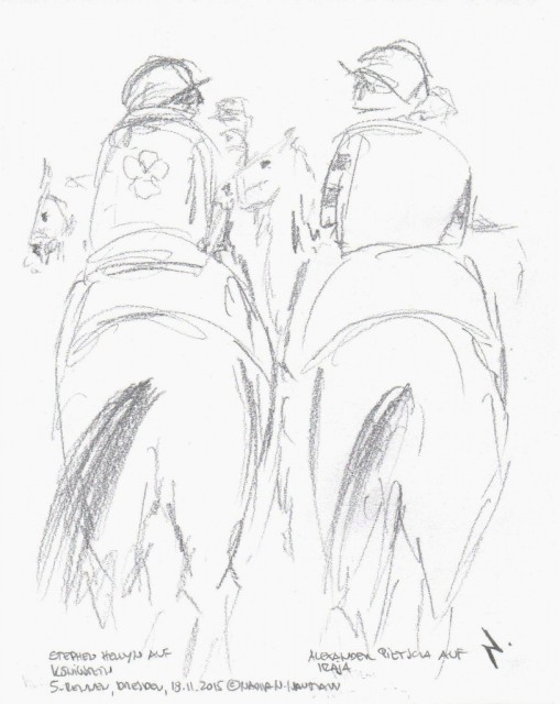 Stephen Hellyn auf Königstein und Alexander Pietsch auf Iraja vor dem Einrücken in die Startbox zum fünften Rennen. Skizze © Nadja N. Naumann