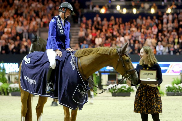 Three happy ladies - winner of today’s Longines FEI World Cup™ Jumping 2015/2016 Western European League leg at Lyon (FRA), French rider Penelope Leprevost, her fabulous mare Flora de Mariposa and Caroline Scrivener, Press Attaché Longines France. © FEI/Pierre Costabadie
