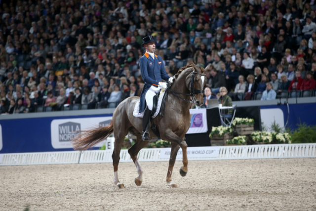 The Netherlands’ Hans Peter Minderhoud and Glock’s Flirt won the fourth leg of the Reem Acra FEI World Cup™ Dressage 2015/2016 Western European League at Stockholm, Sweden today. © FEI/Roland Thunholm