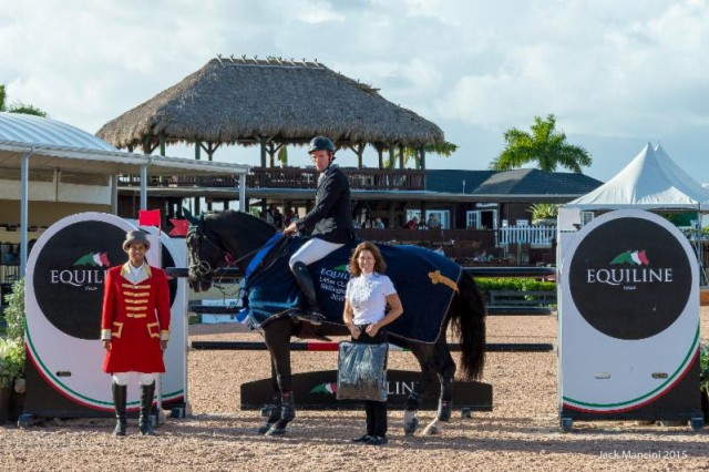 Richie Moloney and Alsvid in their presentation ceremony with Christian Moreno and Kelly Molinari of Equiline. © Jack Mancini