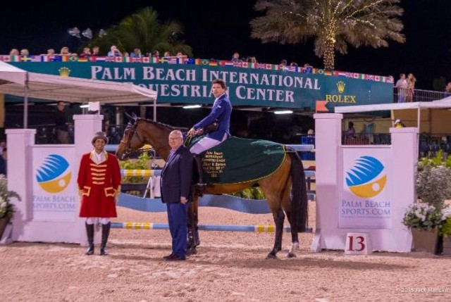 Conor Swail and Viva Colombia in their presentation ceremony with ringmaster Christian Moreno and Equestrian Sport Productions President Michael Stone steadily shifting up the world ranking leaderboard this year and currently sitting in 37th, Swail has set his sights on reaching the top ten in 2016. © ManciniPhotos