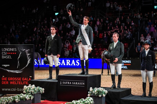 Die Top drei im Preis der Bank J. Safra Sarasin AG bei der Siegerehrung. © Katja Stuppia/LONGINES CSI BASEL