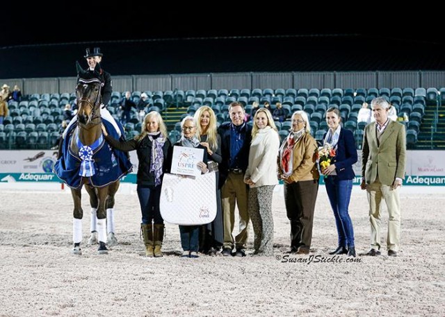 Belinda Trussell and Anton in their presentation ceremony with representatives of the U.S. P.R.E. Association, Allyn Mann of Adequan®, Katherine Bellissimo, Linda Zang, and Sponsorship Coordinator Cora Causemann. © SusanJStickle.com