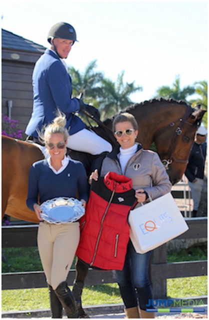 Freddie Vazquez and Esprit de Vie, along with Jodi Vazquez, are presented with the “Best Presented Horse” Award and prizes from Kingsland Equestrian by Elena Couttenye of Equis Boutique during Week 7 at the Winter Equestrian Festival. © <a href="https://www.facebook.com/jumpmediallc/?fref=ts" target="_blank">Jump Media</a>