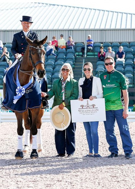 Steffen Peters and Rosamunde in their presentation ceremony with judge Linda Zang (USA), Cora Causemann of AGDF, and Allyn Mann of Adequan®. © Susan J. Stickle