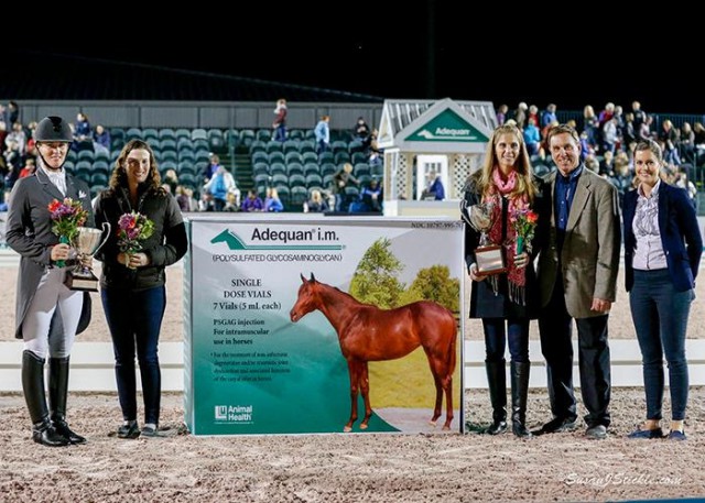 Karen Pavicic, Lauren Chumley, and Christina Vinios pose with Allyn Mann of Adequan® and Cora Causemann of AGDF in the owner awards presentation ceremony. © Susan J. Stickle
