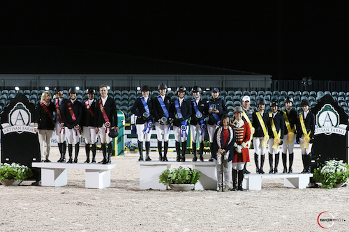 The top three teams on the podium, with Carlene Ziegler of Artisan Farms, and ringmaster Christian Craig. © Sportfot