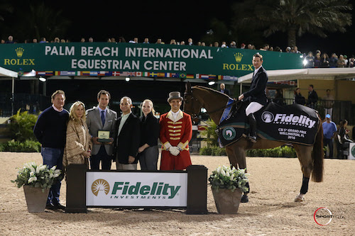 McLain Ward in his winning presentation with Equestrian Sport Productions CEO Mark Bellissimo; Wellington Equestrian Partners' principal Katherine Bellissimo; Anthony Schaub, Communications & Image, Rolex; Eric Diamond and Christina Anderson, Vice Presidents and Wealth Management Advisers for Fidelity Investments® in Palm Beach; and ringmaster Christian Craig. © Sportfot
