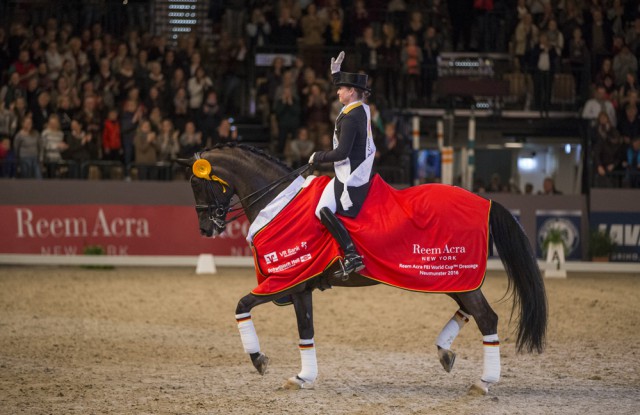 Germany’s Isabell Werth and Weihegold produced their second consecutive victory in the Reem Acra FEI World Cup™ Dressage 2015/2016 Western European League when coming out on top at the second-last qualifier on home ground in Neumünster today. © FEI/Stefan Lafrantz