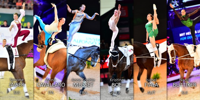 Simone Jaïser (SUI), Anna Cavallaro (ITA), Anne Sophie Musset (FRA), Kristina Boe (GER), Isabel Fiala (AUT) and Nadja Buttiker (SUI) will all be chasing the Female title when the FEI World Cup™ Vaulting 2015/2016 Final gets underway in Dortmund (GER) on Thursday 3 March. © FEI/Daniel Kaiser