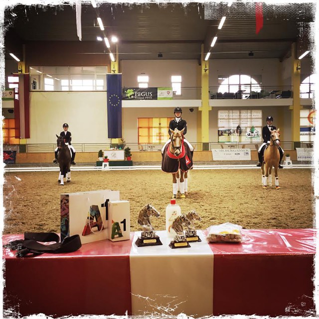 Die besten Drei im Pony Freestyle! Mitte: Tabea Schroer (GER) auf Danilo 80 (78.178%), links: Eileen Henglein (GER) auf Cinderella M WE (74.550%) und rechts: Inga Katharina Schuster (GER) auf NK Cyrill (74.425%). Foto © Michael Rzepa