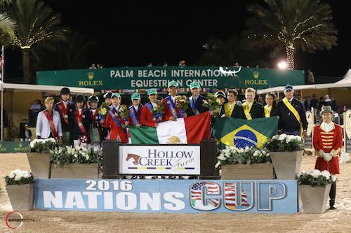 The top three teams of Mexico, USA and Brazil in the 2016 Hollow Creek Farm FEI Children's Nations' Cup © us.sportfot.com