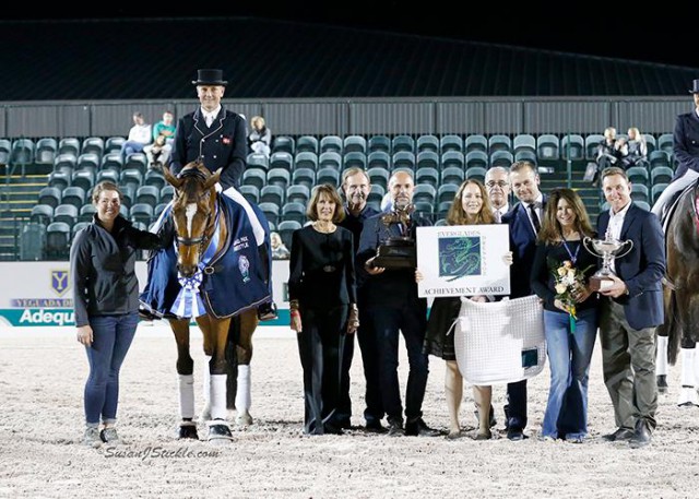 Lars Petersen and Mariett in their presentation ceremony with groom Mallory Brown, Mary Anne McPhail, Walter McPhail, Patrick Roggenbau, Bethany Peslar of Everglades Dressage, Endel Ots of Everglades Dressage, judge Gary Rockwell (USA), Marcia Pepper, and Allyn Mann of Adequan®. © SusanJStickle 