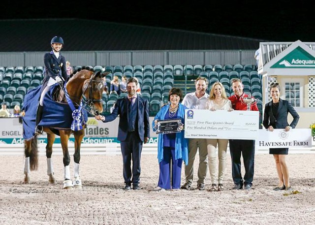 Laura Graves and Verdades in their presentation ceremony with judge Hans-Christen Matthiessen (DEN), Betsy Juliano of Havensafe Farm, Mark & Katherine Bellissimo, Allyn Mann of Adequan®, and Cora Causemann of AGDF
