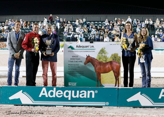 The Adequan® Owner Awards presentation ceremony with Josh Zorn of ESP, Allyn Mann of Adequan®, Mike Collins, Adrienne Lyle, and Katie Johnson.