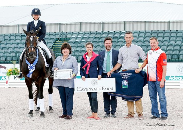 Allison Brock and Rosevelt in their presentation ceremony with Betsy Juliano of Havensafe Farm, Cora Causemann of AGDF, judge Hans-Christian Matthiesen (DEN), Walter Bagley of AGDF, and Allyn Mann of Adequan® © SusanJStickle