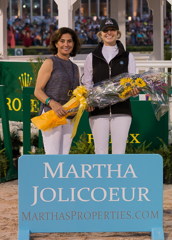 Martha Jolicoeur (left) presents Canada’s Tiffany Foster as the Overall Leading Lady Rider of the 2016 Winter Equestrian Festival. © Starting Gate Communications