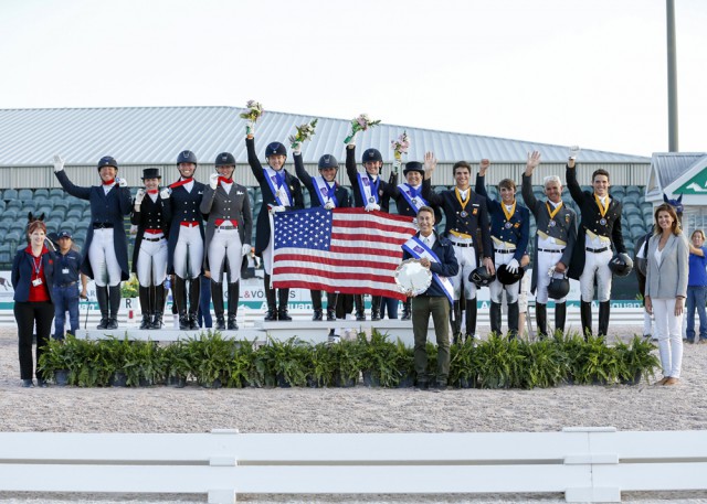 On the podium at the first leg of the FEI Nations Cup™ Dressage 2016 series in Wellington, Florida (USA) yesterday (left to right): Team Canada (2nd), Team USA (1st) and Team Spain (3rd). © FEI/Susan J. Stickle
