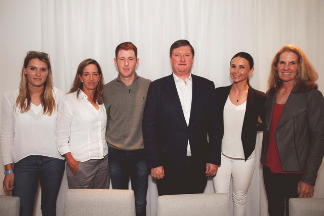 Jessica Mendoza (GBR), Laura Kraut (USA), Scott Brash (GBR), Longines Global Champions Tour Founder Jan Tops, Georgina Bloomberg (USA) and Kimberly Prince (USA). © GCL / Stefano Grasso